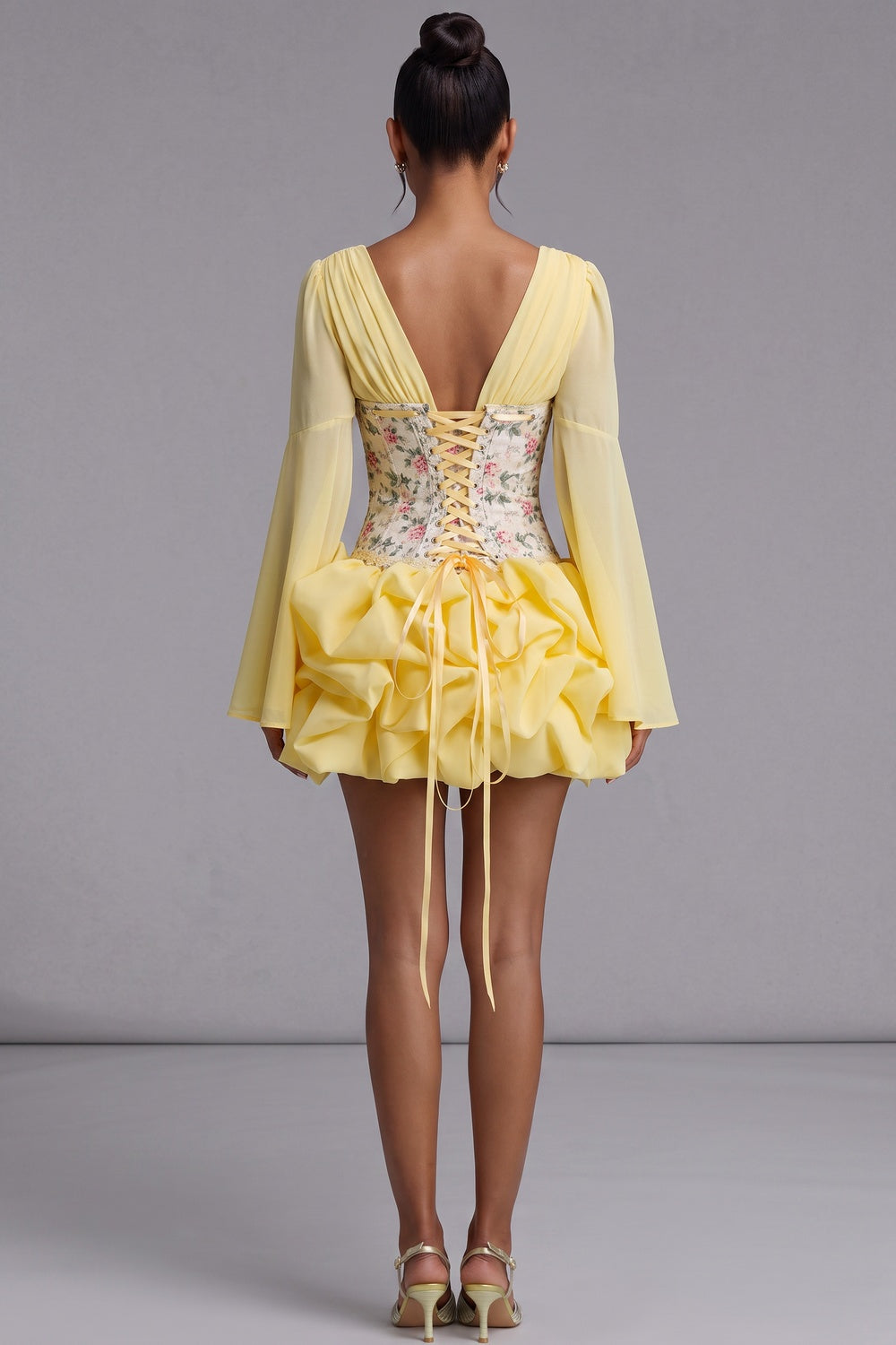 2b184a3a2be37ef8 PASTEL YELLOW CORSET FIT-FLARE CHIFFON MINI DRESS
