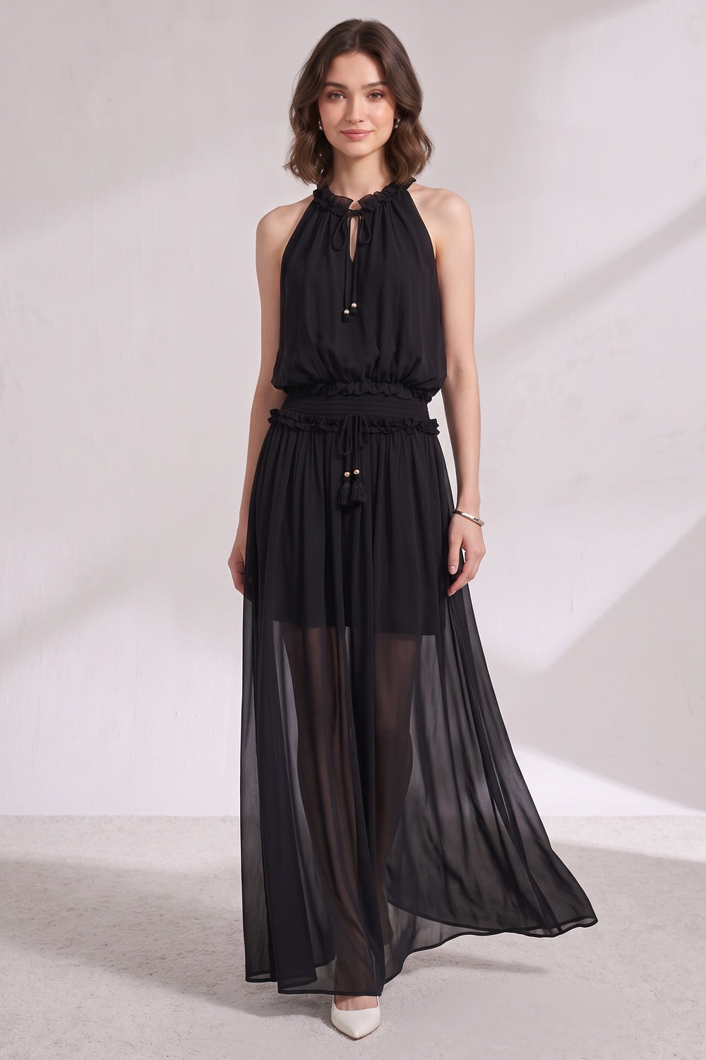 2b5af86cb987704a BLACK CHIFFON A-LINE BLOUSON MAXI DRESS