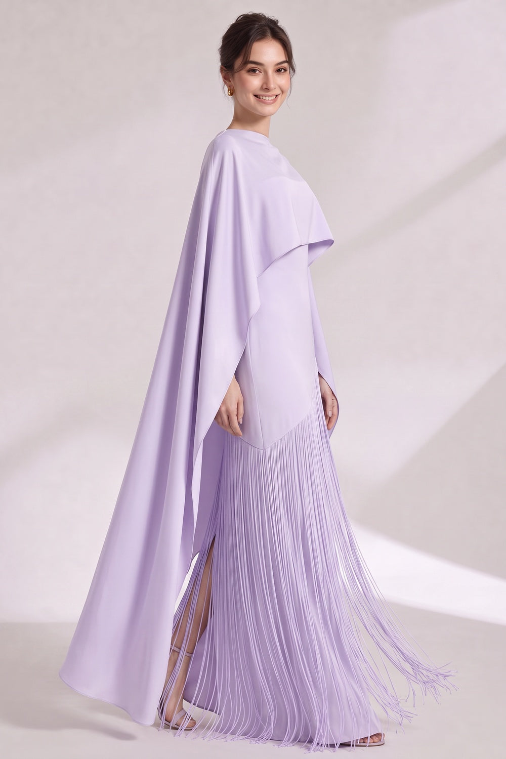 LAVENDER CAPE COLUMN EVENING GOWN, ASYMMETRICAL OVERLAY