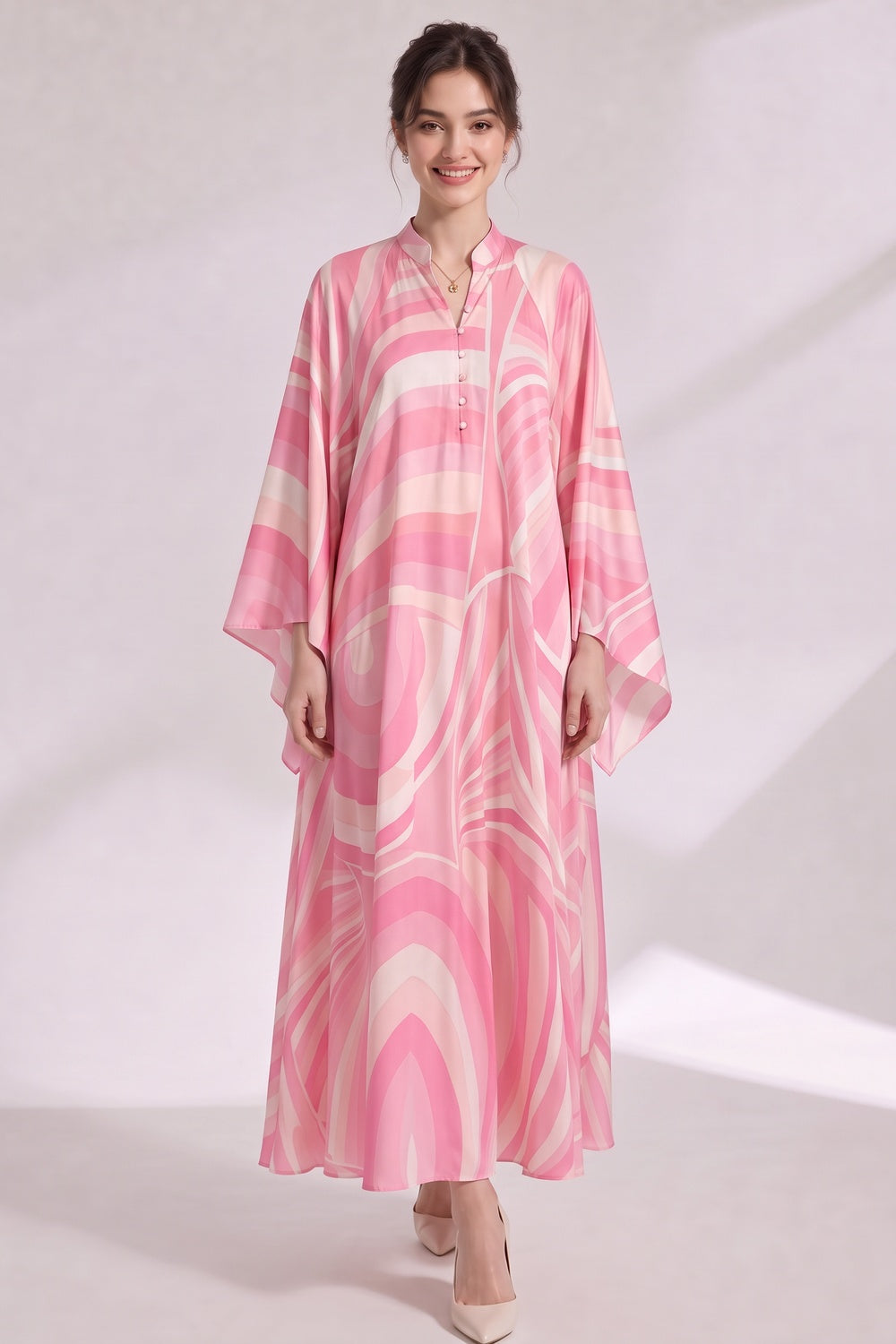 2ba505598361c3cb PINK SILK SATIN PSYCHEDELIC SWIRL KAFTAN DRESS
