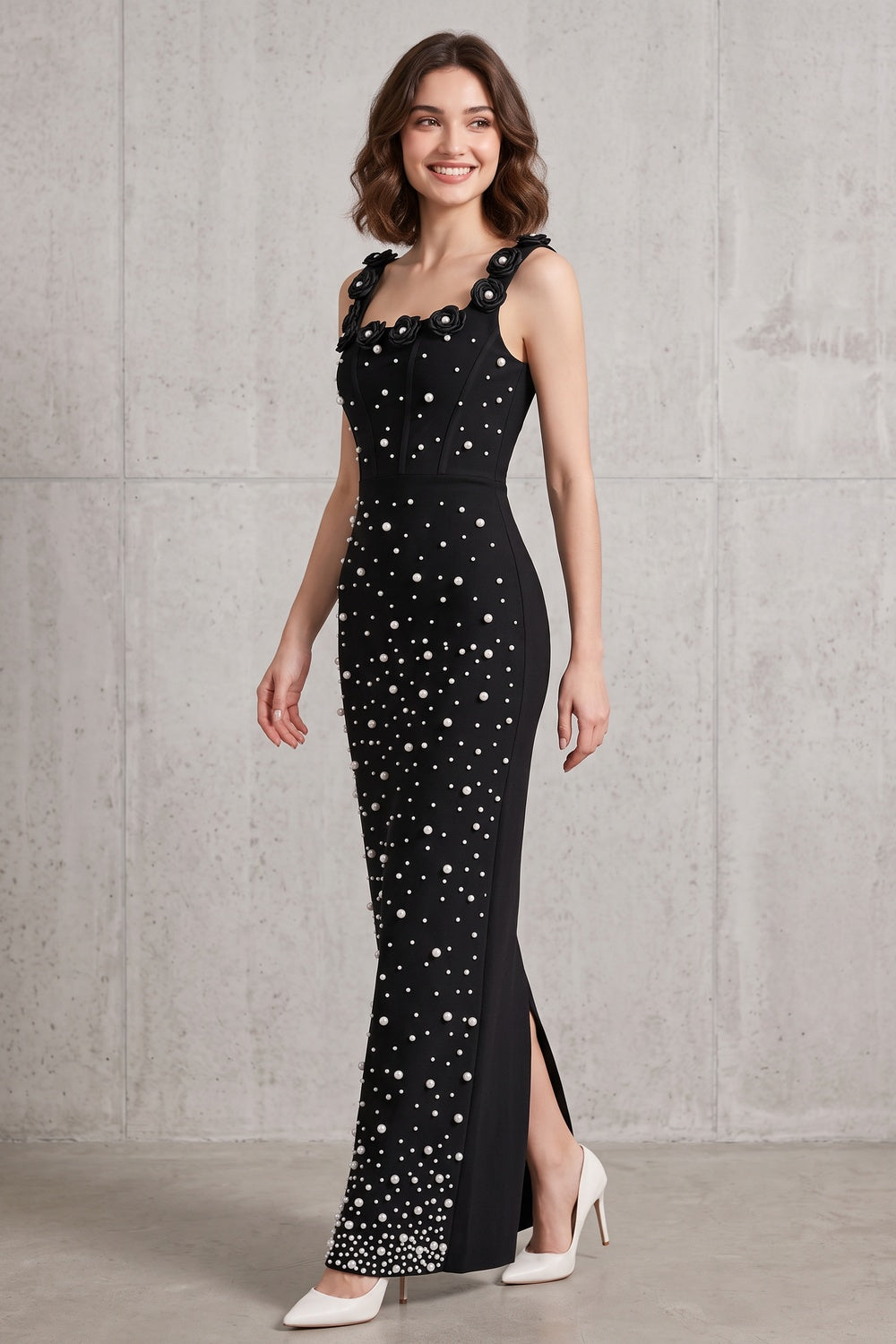 2bccbf7cb355b744 BLACK COLUMN MAXI DRESS PEARL EMBELLISHED FORMAL