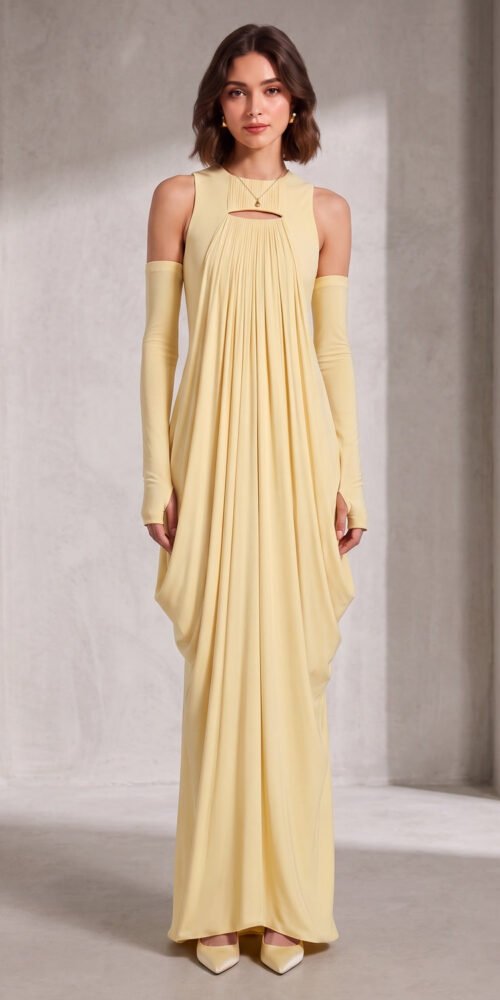 PALE YELLOW KEYHOLE MAXI DRESS FOR WEDDING GUEST