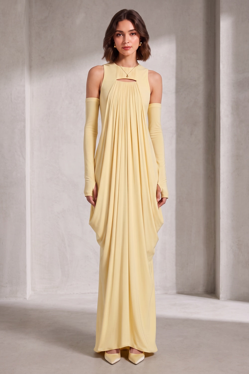 2c2eeb68caaf472b PALE YELLOW KEYHOLE MAXI DRESS FOR WEDDING GUEST