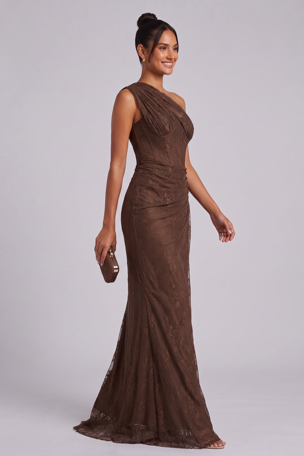 CHOCOLATE BROWN FLORAL LACE COLUMN DRESS