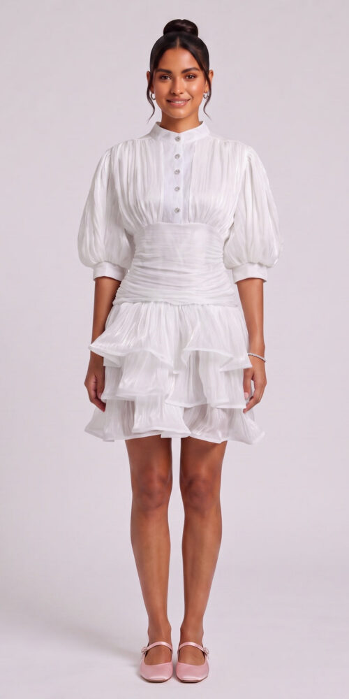WHITE TIERED RUFFLE MINI DRESS FOR COCKTAIL PARTY