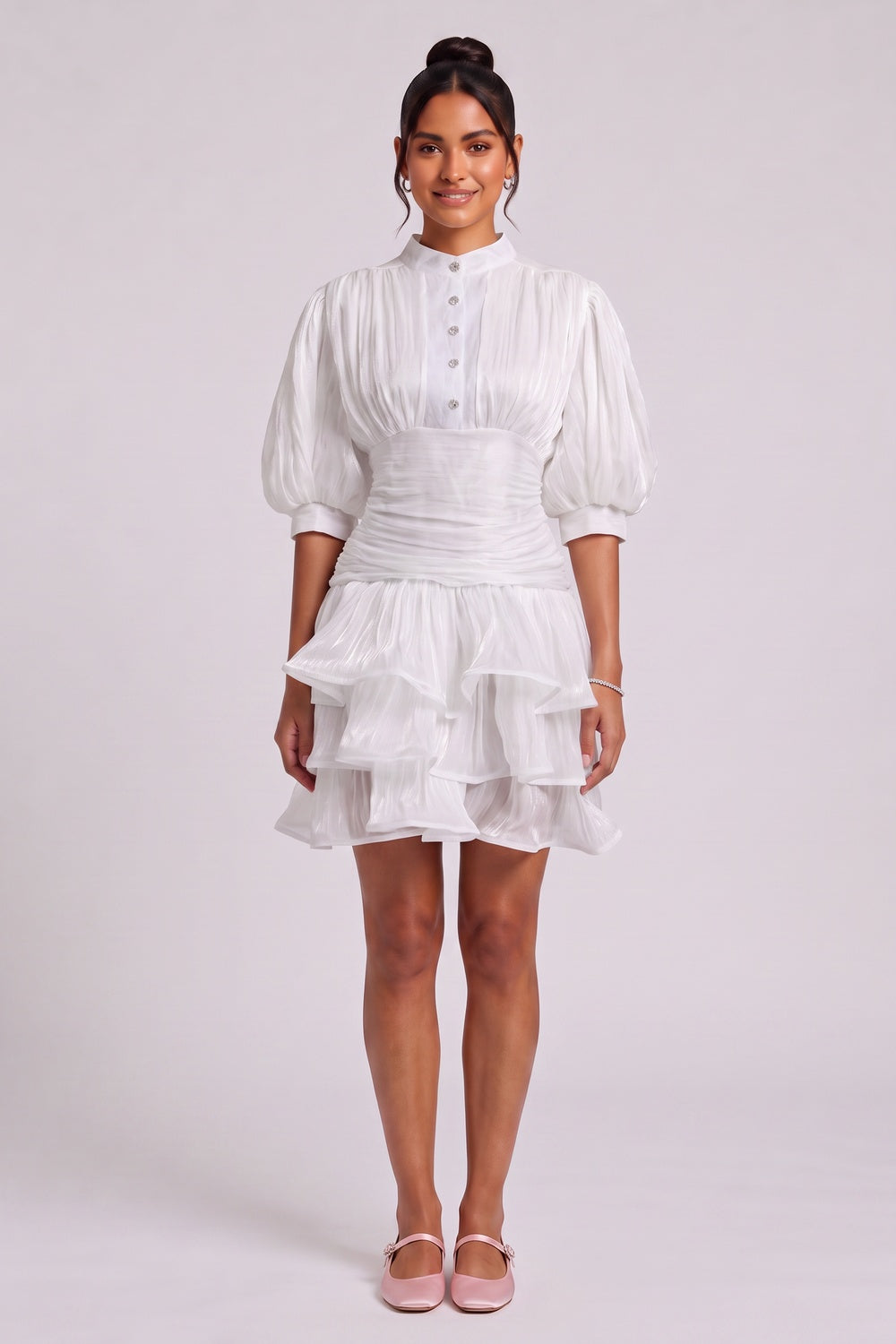 WHITE TIERED RUFFLE MINI DRESS FOR COCKTAIL PARTY