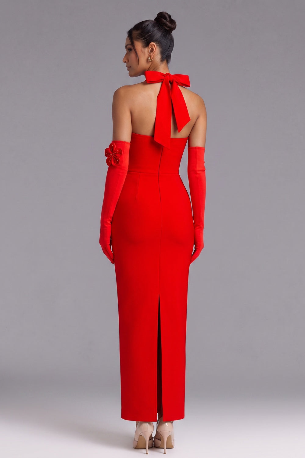 2d191d5c145160c2 RED HALTER 3D FLORAL FLOOR-LENGTH GOWN