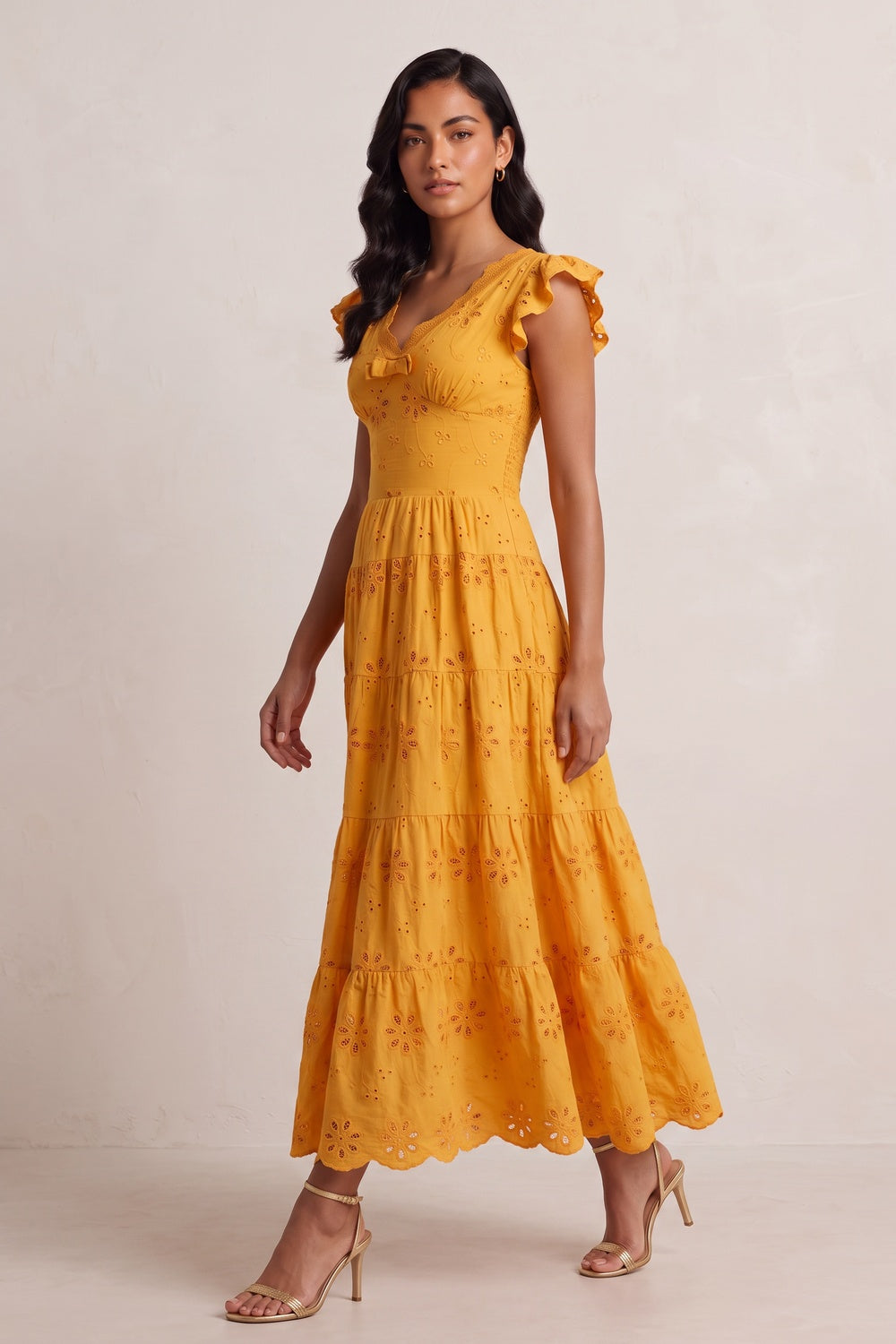 2d1b180a7203e268 SCALLOP V-NECK RUFFLE SLEEVE EYELET TIERED MIDI DRESS