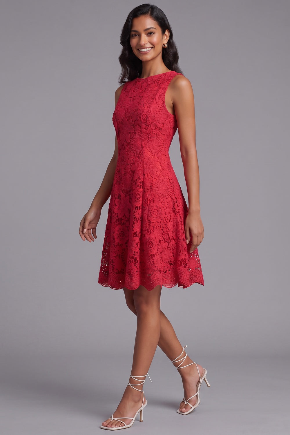 2d21b04e8e724223 RED GUIPURE LACE FIT-AND-FLARE WEDDING DRESS