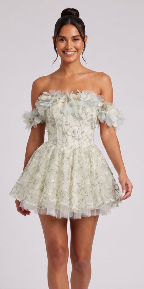2d4dc5424a2e866d PALE SAGE ORGANZA FLORAL EMBROIDERED FIT-FLARE MINI DRESS