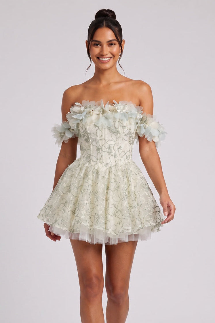 2d4dc5424a2e866d PALE SAGE ORGANZA FLORAL EMBROIDERED FIT-FLARE MINI DRESS