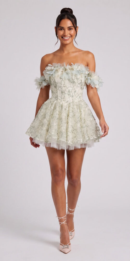 PALE SAGE ORGANZA FLORAL EMBROIDERED FIT-FLARE MINI DRESS