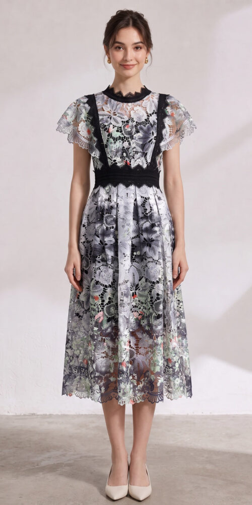 2d5970b4eaabc84e WHITE GUIPURE LACE FIT-AND-FLARE MIDI DRESS FOR WEDDING GUEST
