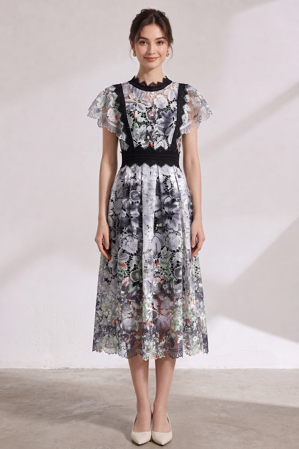 2d5970b4eaabc84e WHITE GUIPURE LACE FIT-AND-FLARE MIDI DRESS FOR WEDDING GUEST