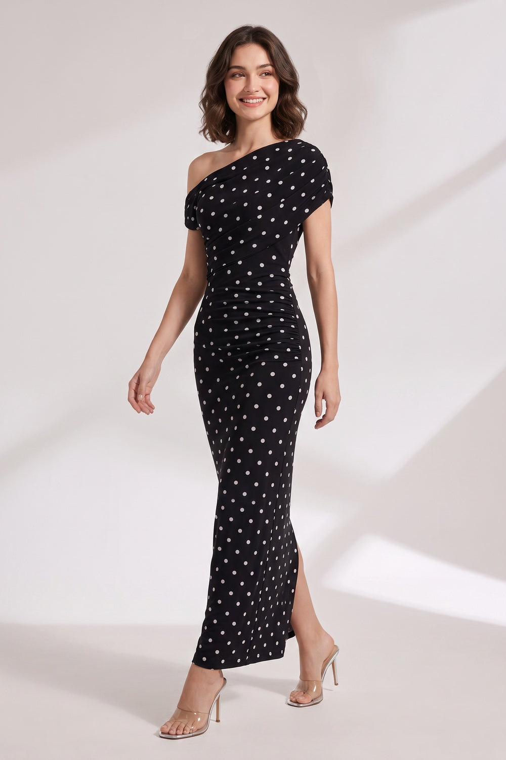 2d800b3ebac31c2c BLACK POLKA DOT ONE-SHOULDER MAXI DRESS