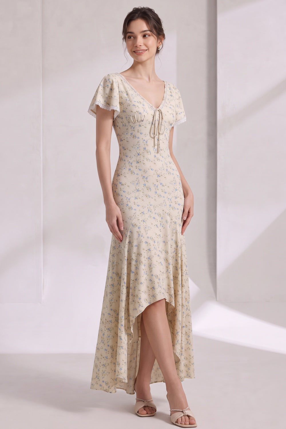 CREAM DITSY FLORAL MAXI DRESS FITTED BODICE FLARED SKIRT