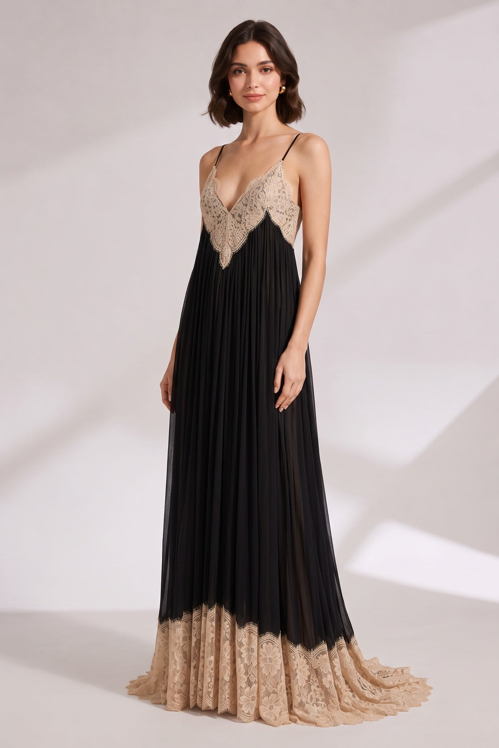 2db522dafbb41fda CONTRAST LACE STRAP PLEATED MAXI DRESS