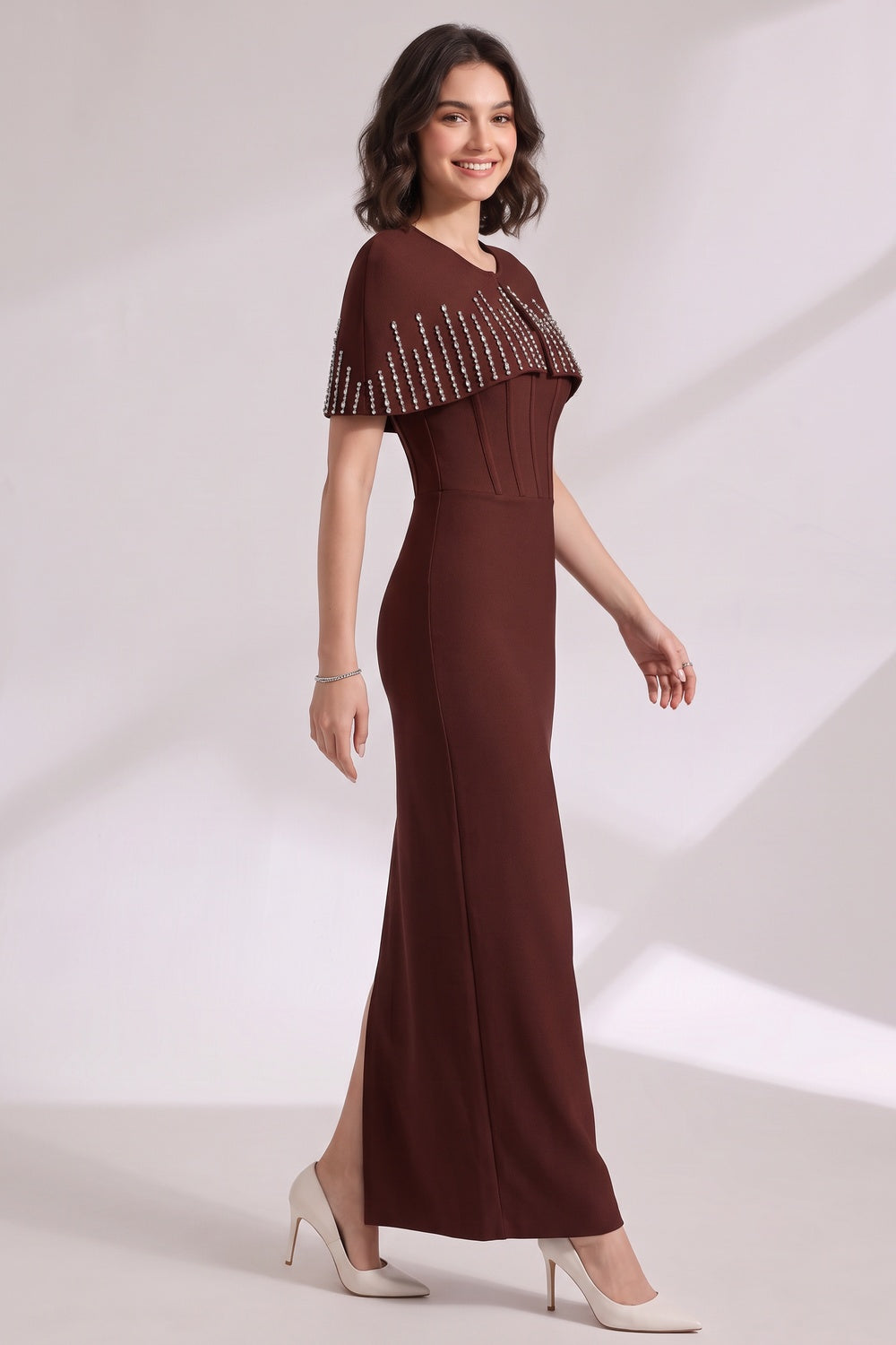 2dbaf2726584c98f DARK BROWN CREPE COLUMN DRESS CAPELET OVERLAY