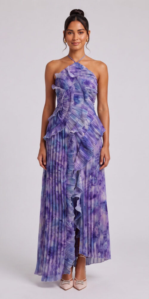 2de89a0e368da1a2 PURPLE TIE-DYE PLEATED CHIFFON A-LINE MAXI DRESS