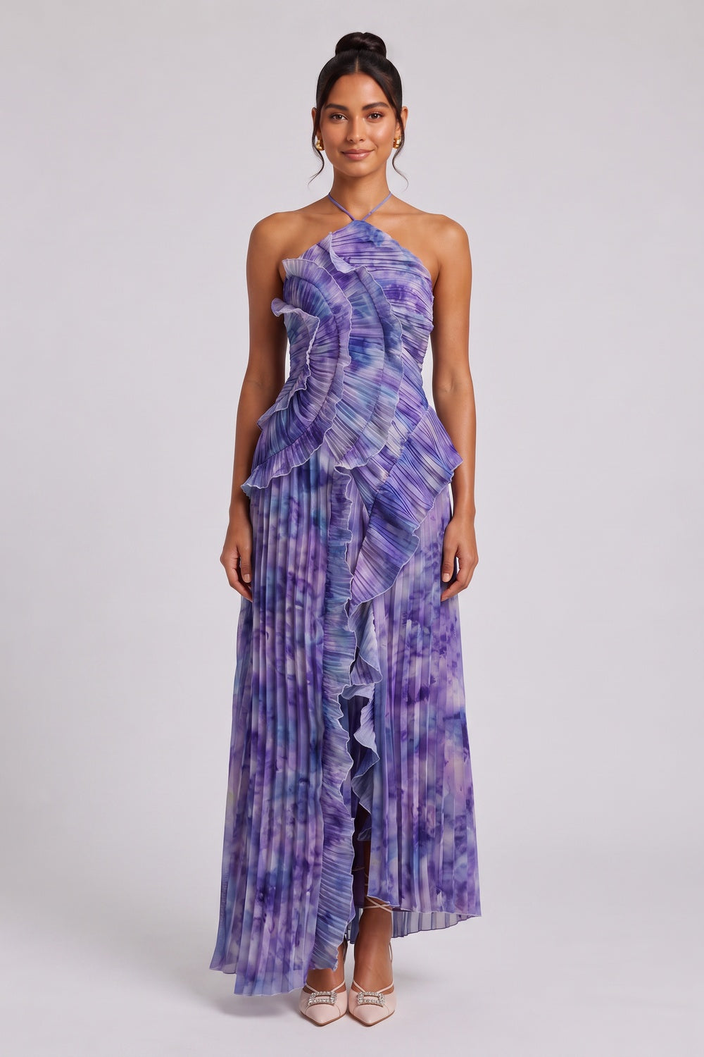 2de89a0e368da1a2 PURPLE TIE-DYE PLEATED CHIFFON A-LINE MAXI DRESS