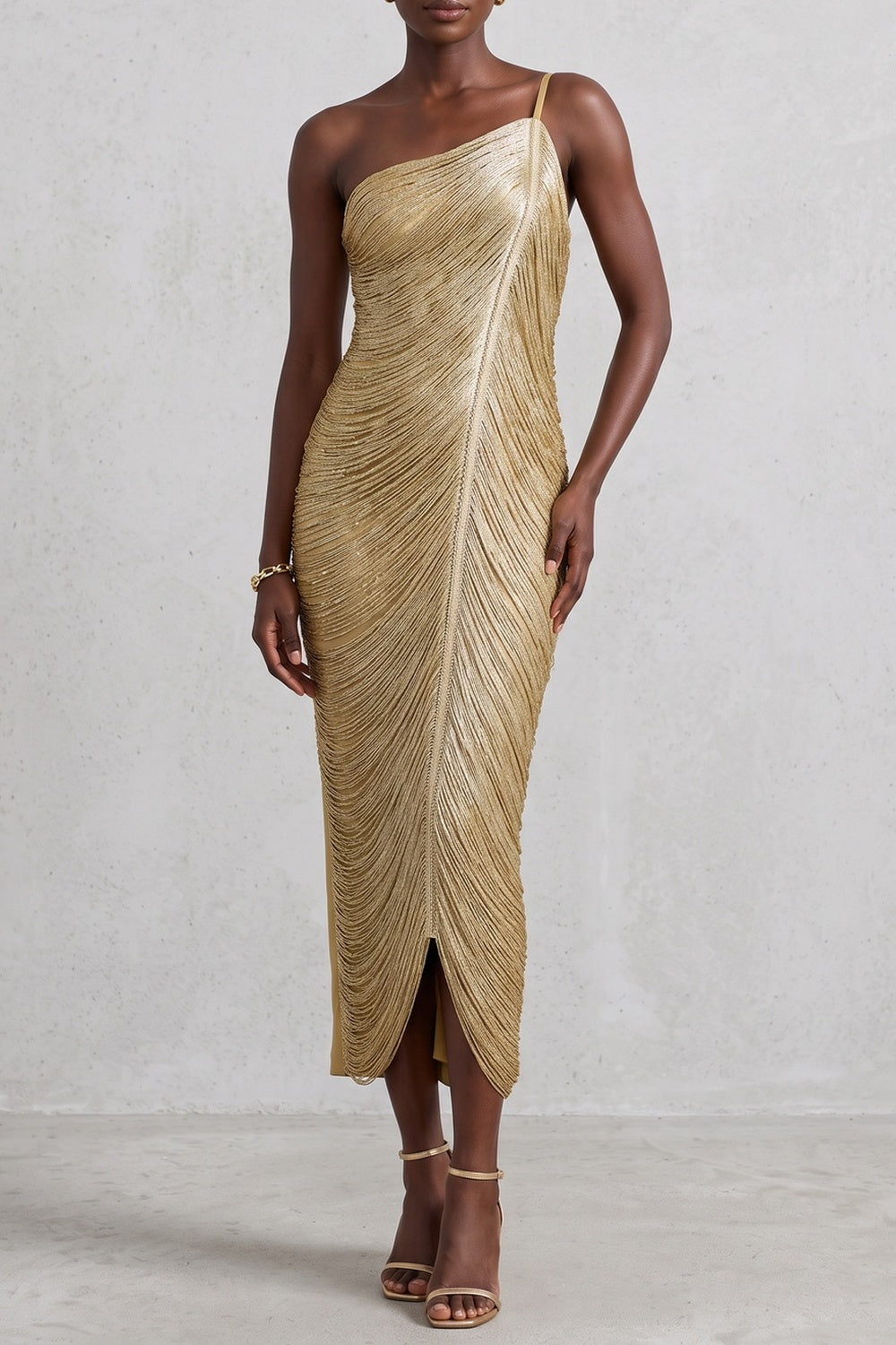 2def54b75b1fb739 ONE SHOULDER METALLIC RUCHED MIDI DRESS
