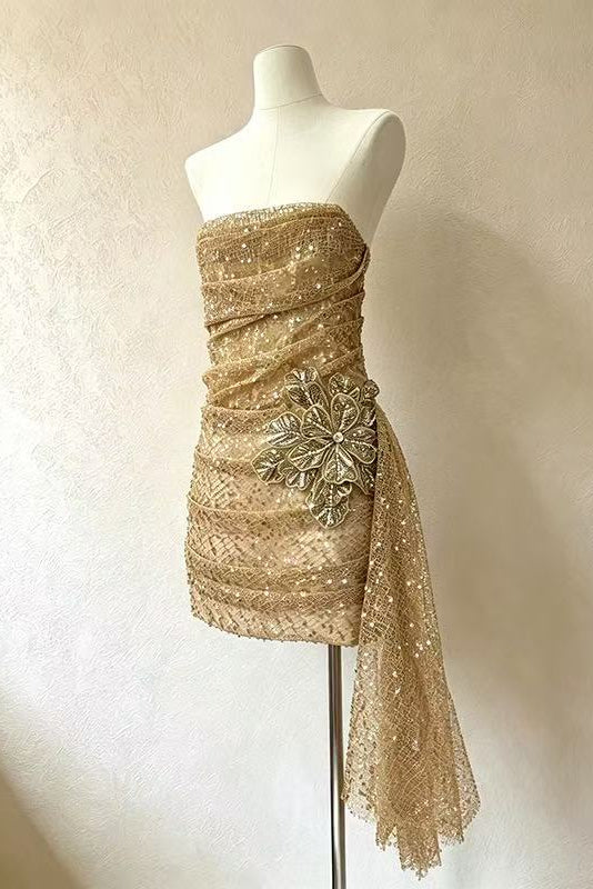 2e21aa8313724b6f2b0ba1c9aa93c6e2 STRAPLESS SEQUIN 3D FLOWER BODYCON MINI DRESS