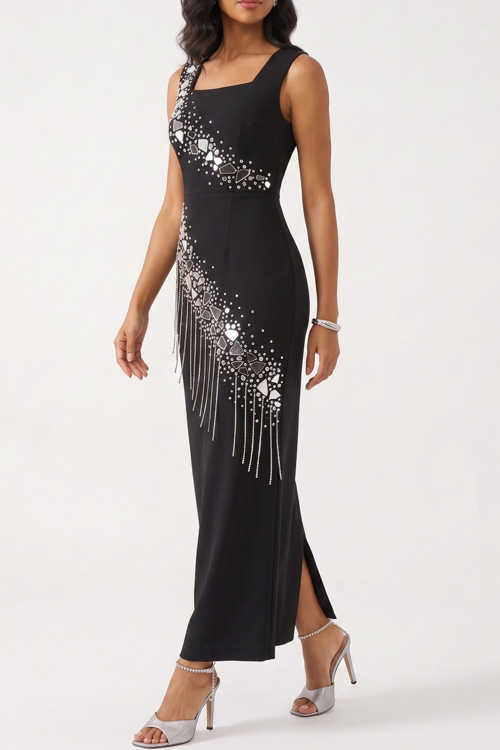 2e62dc949d24edc8 SLEEVELESS SQUARE NECK RHINESTONE FRINGE BODYCON MIDI DRESS