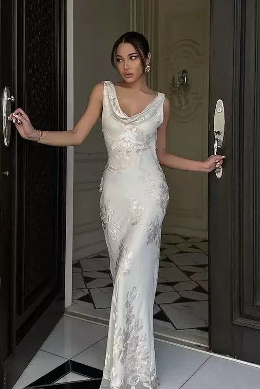 2e68161f229a4ef28c1bf0040252c9d8 DRAPED COWL BACKLESS FLORAL JACQUARD MERMAID MAXI DRESS