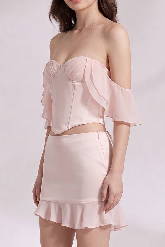 2e80fac6b2490c51 PALE PINK SATIN OFF-SHOULDER CORSET MINI SKIRT SET