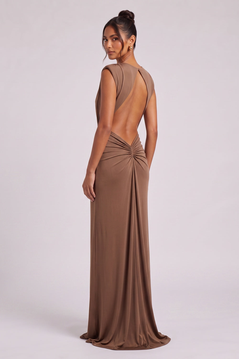BROWN JERSEY TWIST COLUMN GOWN FOR EVENING