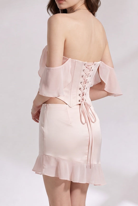 2f2d7ff984b7c22b PALE PINK SATIN OFF-SHOULDER CORSET MINI SKIRT SET