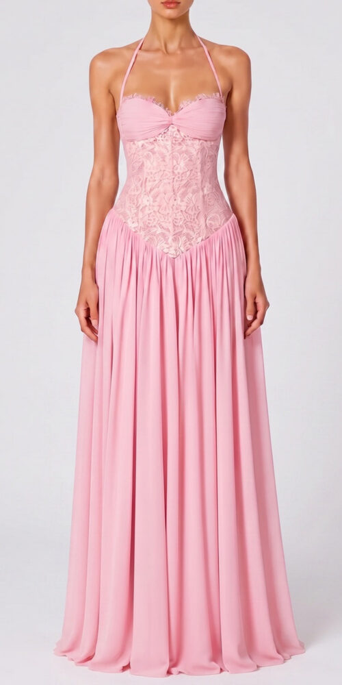 2f52fa3ef7e035b8 HALTER TWIST BUST LACE CORSET CHIFFON MAXI DRESS