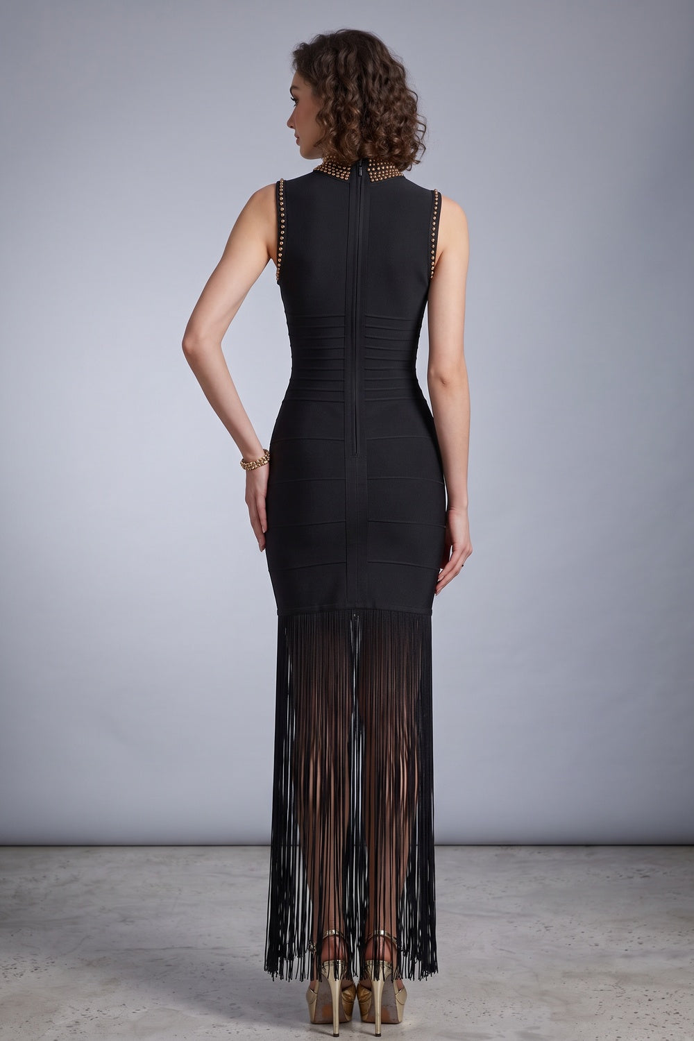 2f7219ac822844b8 BLACK FRINGE HEM BANDAGE KNIT MAXI DRESS GOLD PARTY