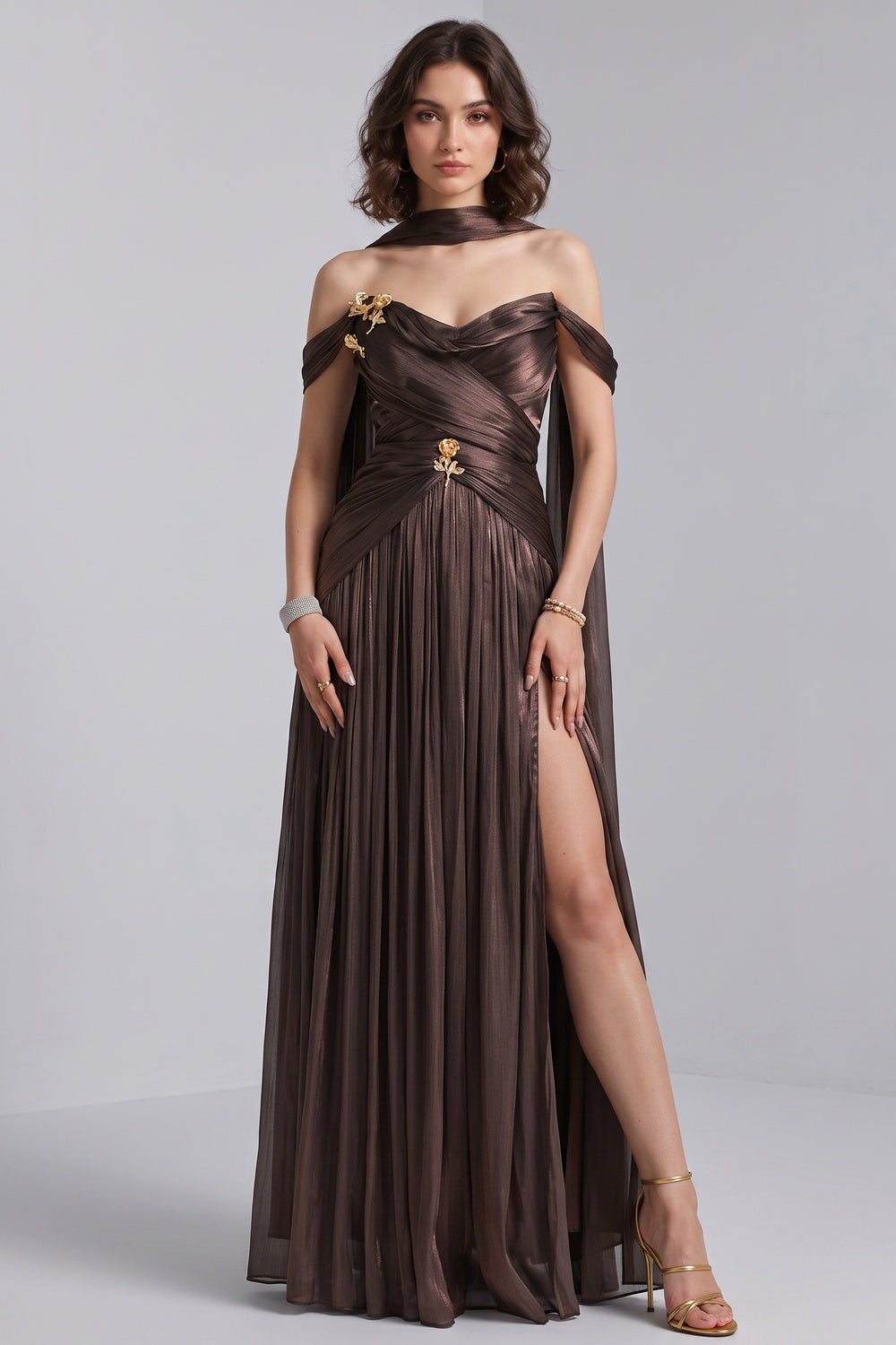 2f8c73f61817a459 BRONZE METALLIC DRAPED A-LINE GOWN HIGH SLIT EVENING