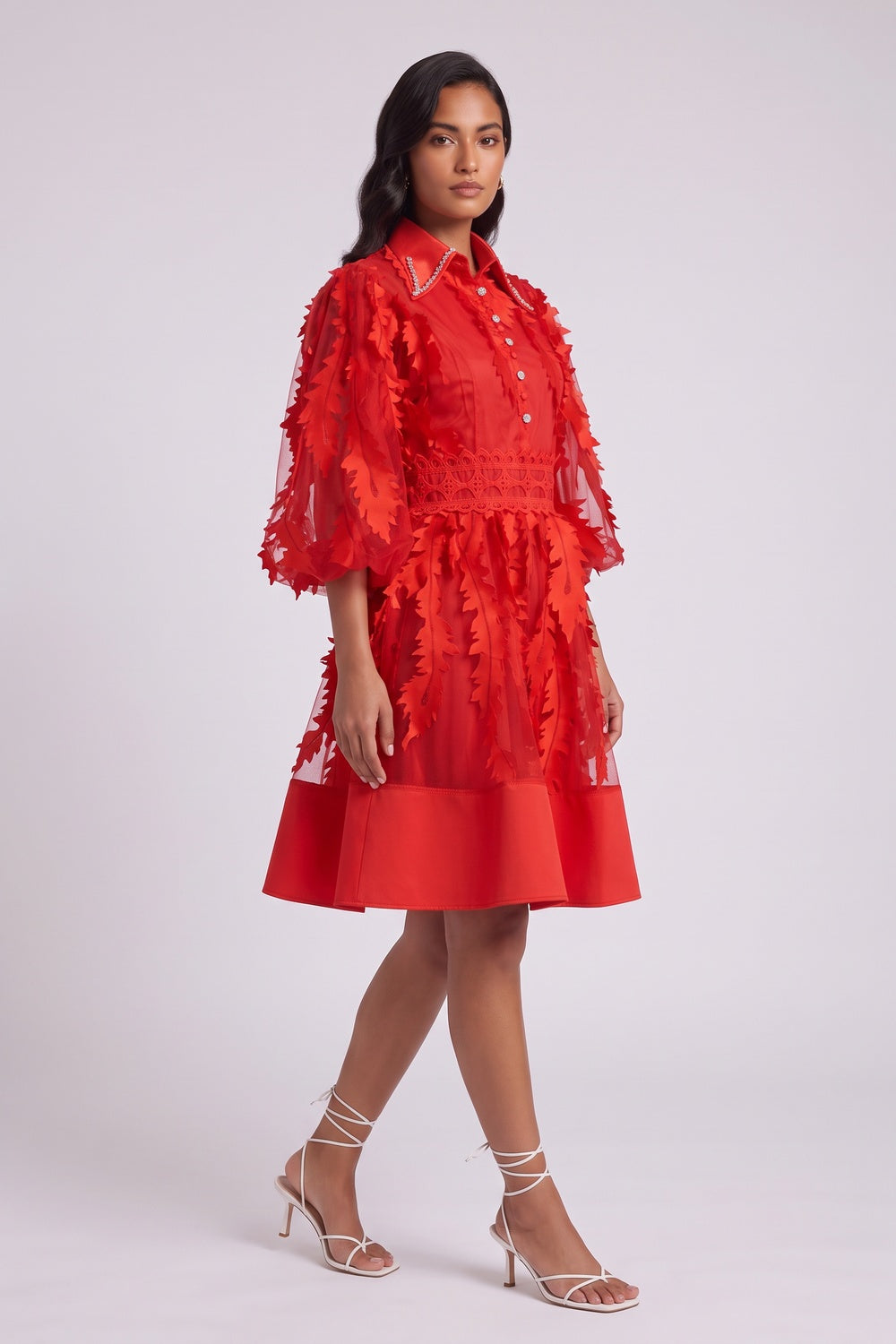 2fd364fa0e0234ec RED SHEER ORGANZA 3D FLORAL FIT-FLARE COCKTAIL DRESS