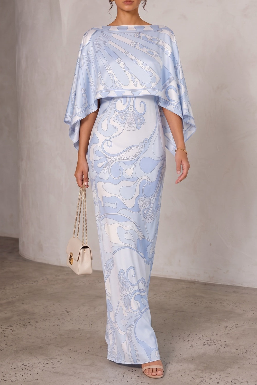 2ffc80a54cd059e0 PRINTED CAPE SATIN MAXI DRESS FOR EVENING