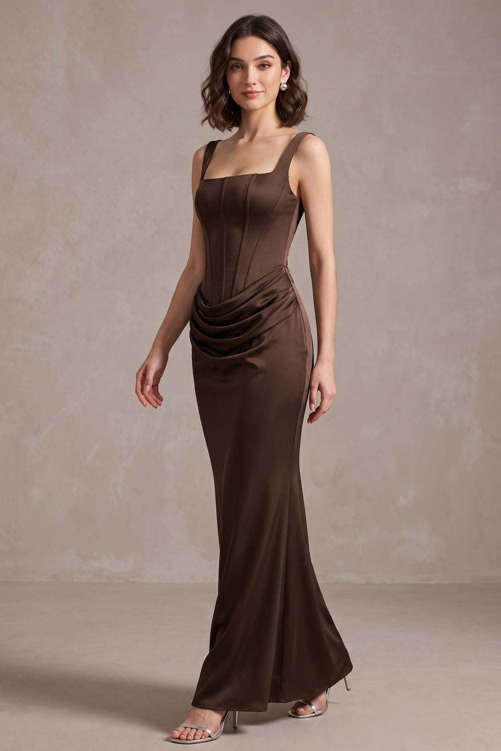 2ffecaf723b9c856 DARK BROWN SATIN COLUMN GOWN DRAPED HIP EVENING WEAR