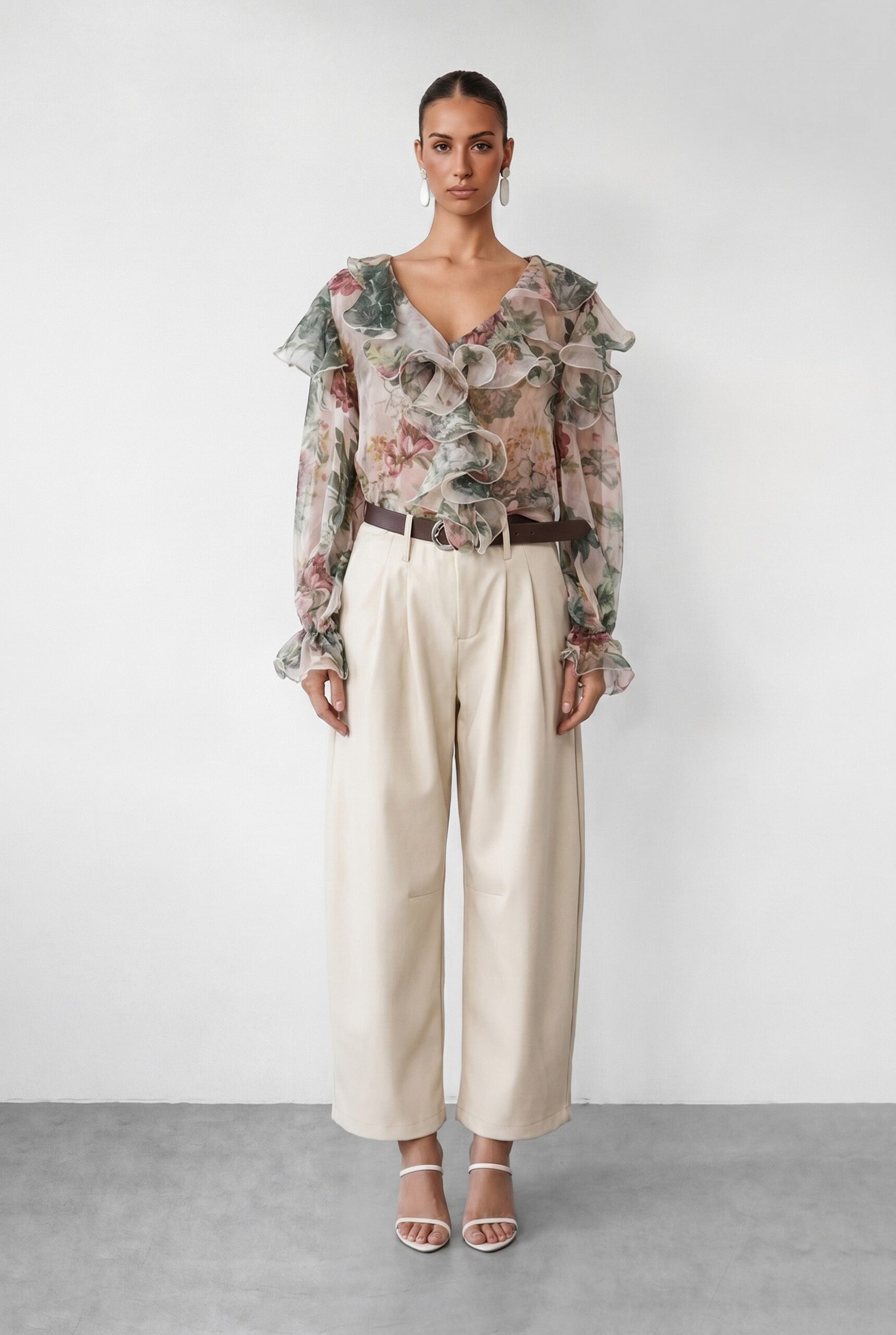 3-77 VINTAGE ROSE RUFFLE V-NECK CHIFFON BLOUSE FOR WEDDING GUEST