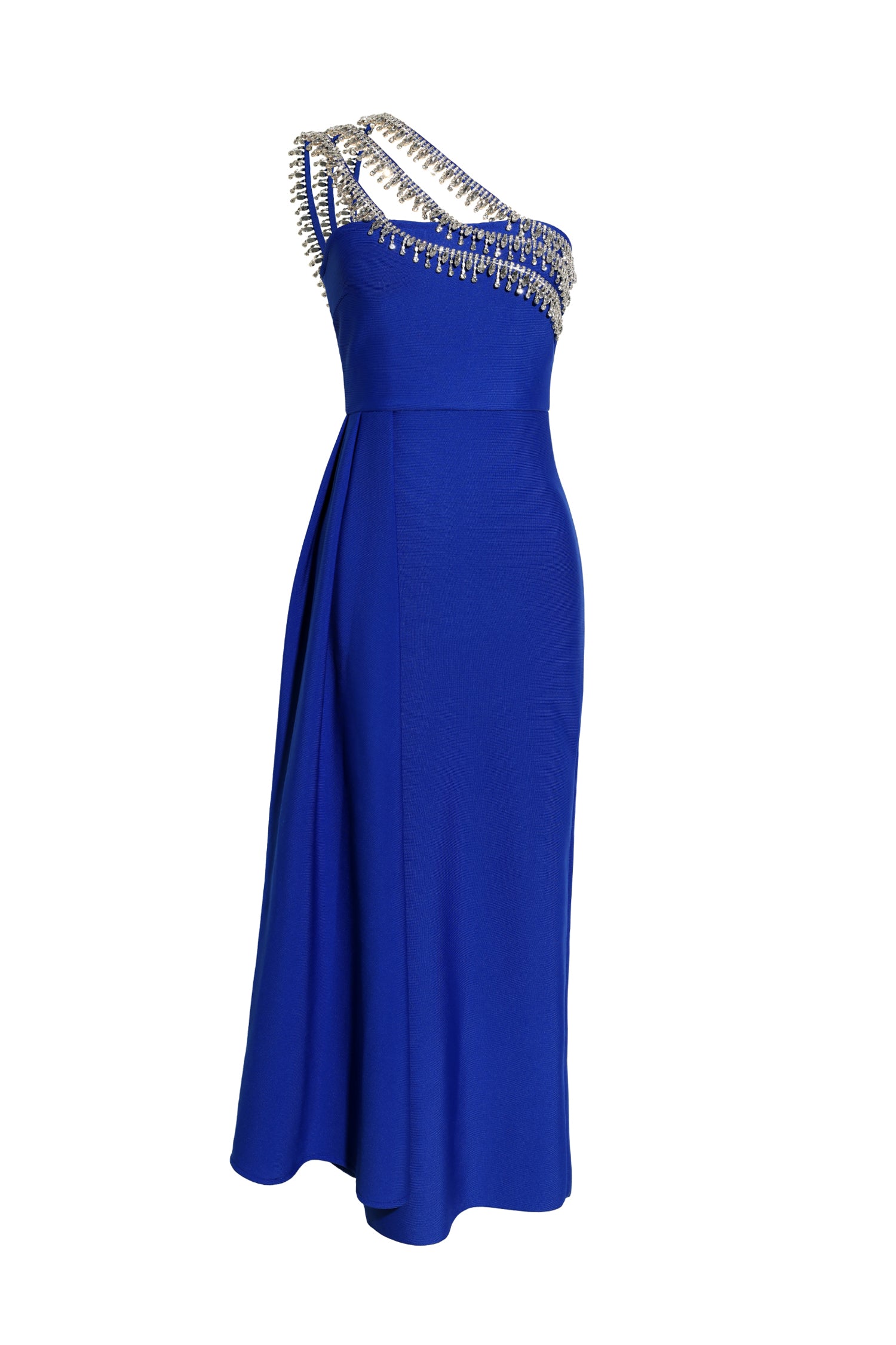 3-D241201503-Blue-0 ROYAL BLUE ONE SHOULDER FRINGE RHINESTONE SLIM MIDI DRESS