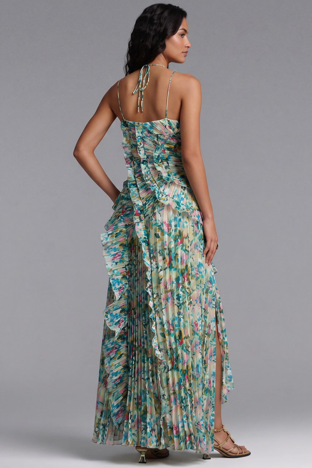 GREEN CHIFFON A-LINE MAXI DRESS HIGH SLIT RUFFLED