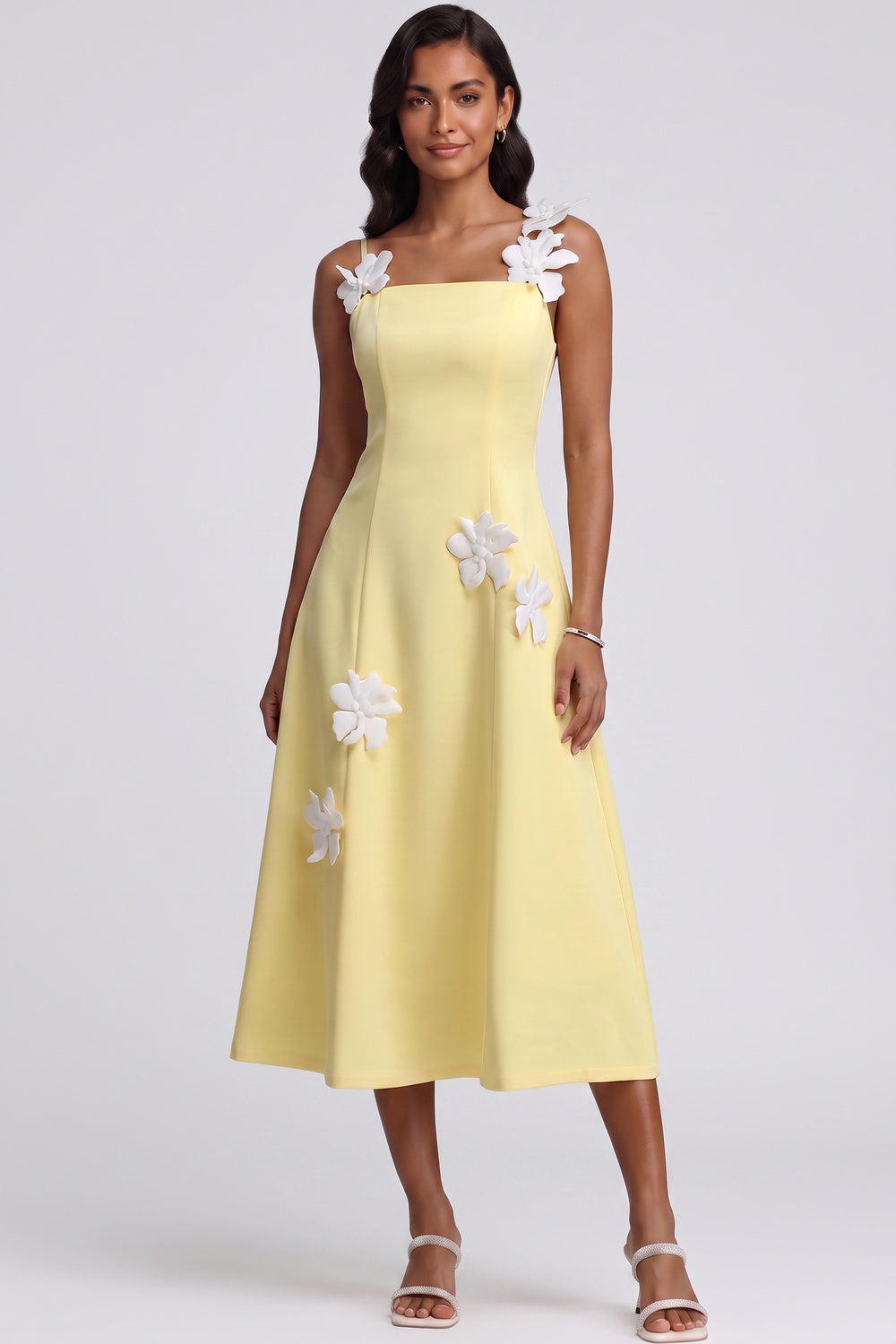 301bd2cbb59bcb94 PASTEL YELLOW CREPE A-LINE MIDI DRESS WITH 3D FLORALS