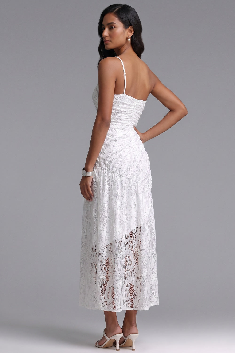 3037622addcc280d WHITE LACE ASYM A-LINE DRESS FOR WEDDING GUEST