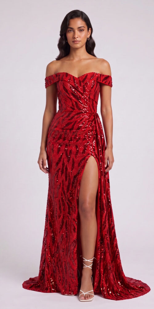 309f2f4b7c7096a2 RED SEQUIN OFF-SHOULDER MERMAID EVENING GOWN