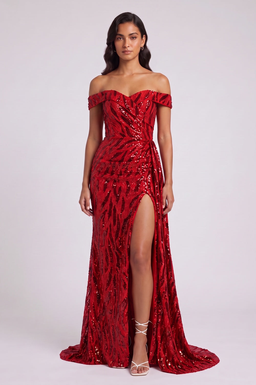 309f2f4b7c7096a2 RED SEQUIN OFF-SHOULDER MERMAID EVENING GOWN