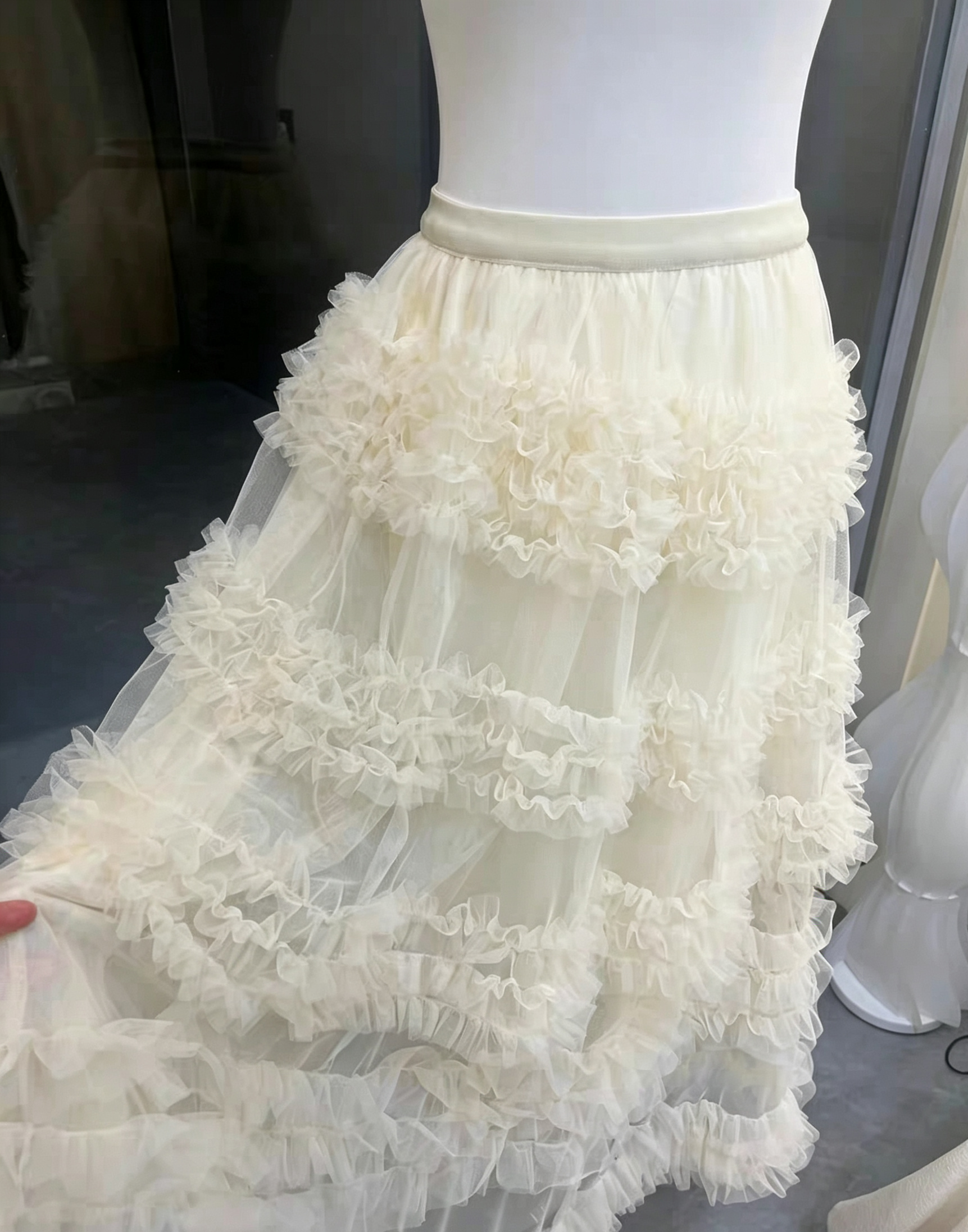 30_11ed1b9a-1183-43b6-91a3-745dd5b4d8a5 NUDE PEARL SWEETHEART CORSET TOP & RUFFLE HIGH LOW TULLE SKIRT SET