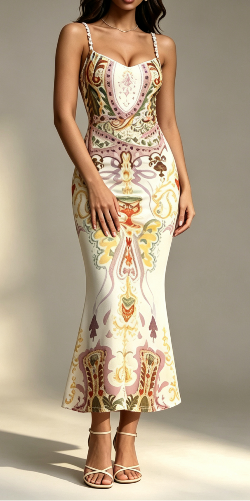 30_575ecb8e-305a-4962-b455-fff4d4cbc0e8 VINTAGE TAROT CUP PRINT BEADED SWEETHEART SATIN MERMAID MIDI DRESS