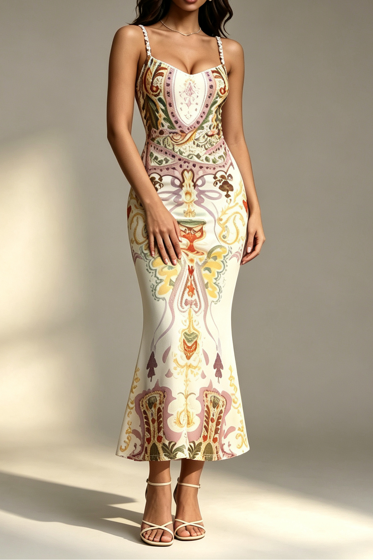 30_575ecb8e-305a-4962-b455-fff4d4cbc0e8 VINTAGE TAROT CUP PRINT BEADED SWEETHEART SATIN MERMAID MIDI DRESS