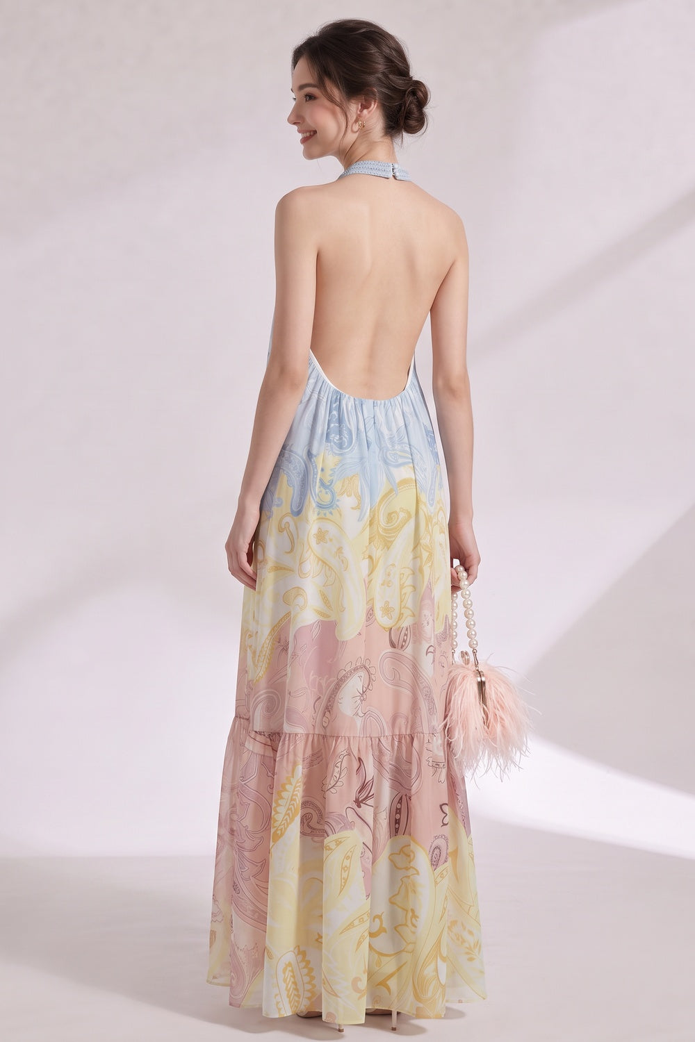 30dda1e9dee9c889 PASTEL OMBRÉ CHIFFON HALTER TIERED MAXI DRESS