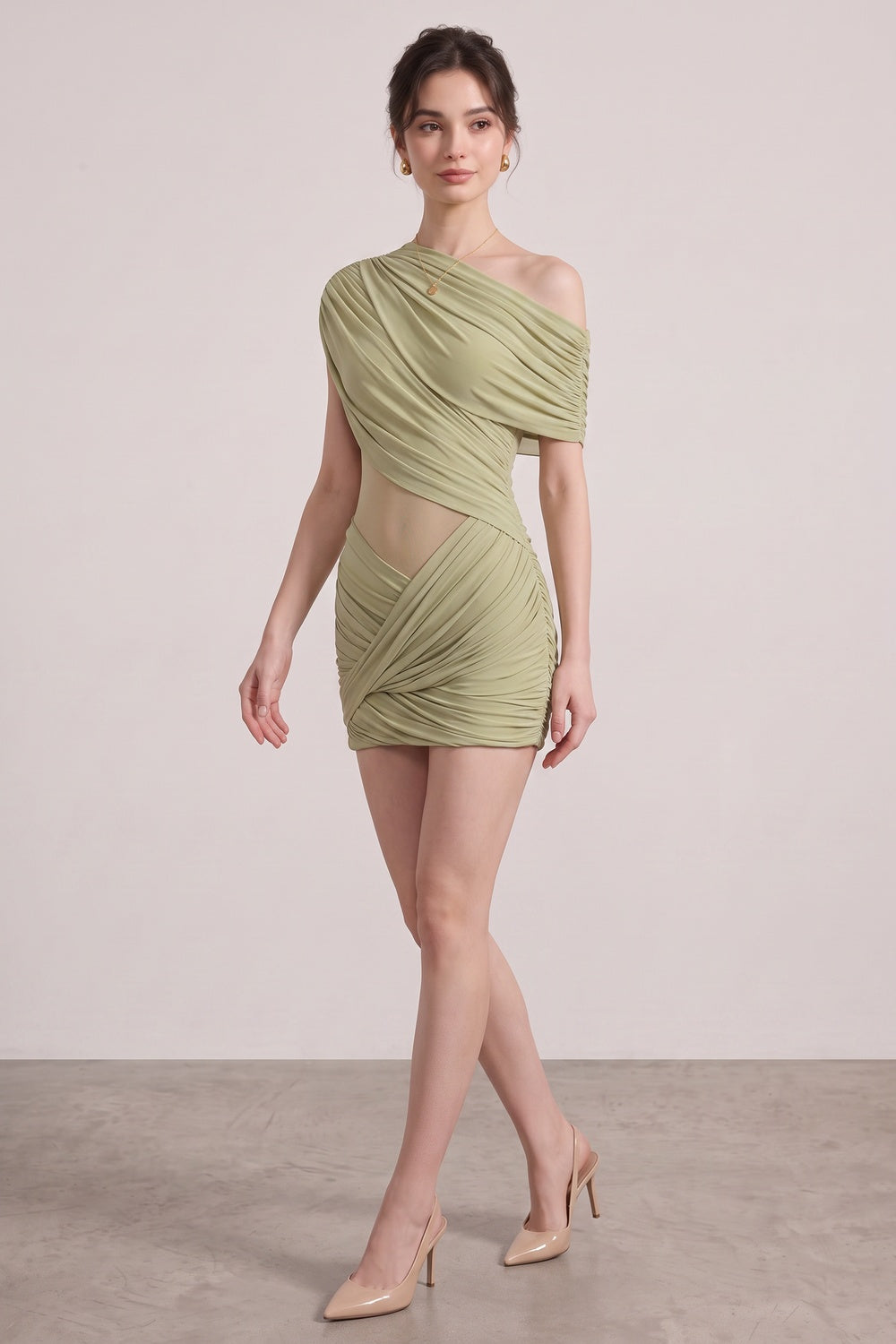 30e90f9908d16cb7 SAGE GREEN ASYMMETRIC DRAPED COCKTAIL MINI DRESS