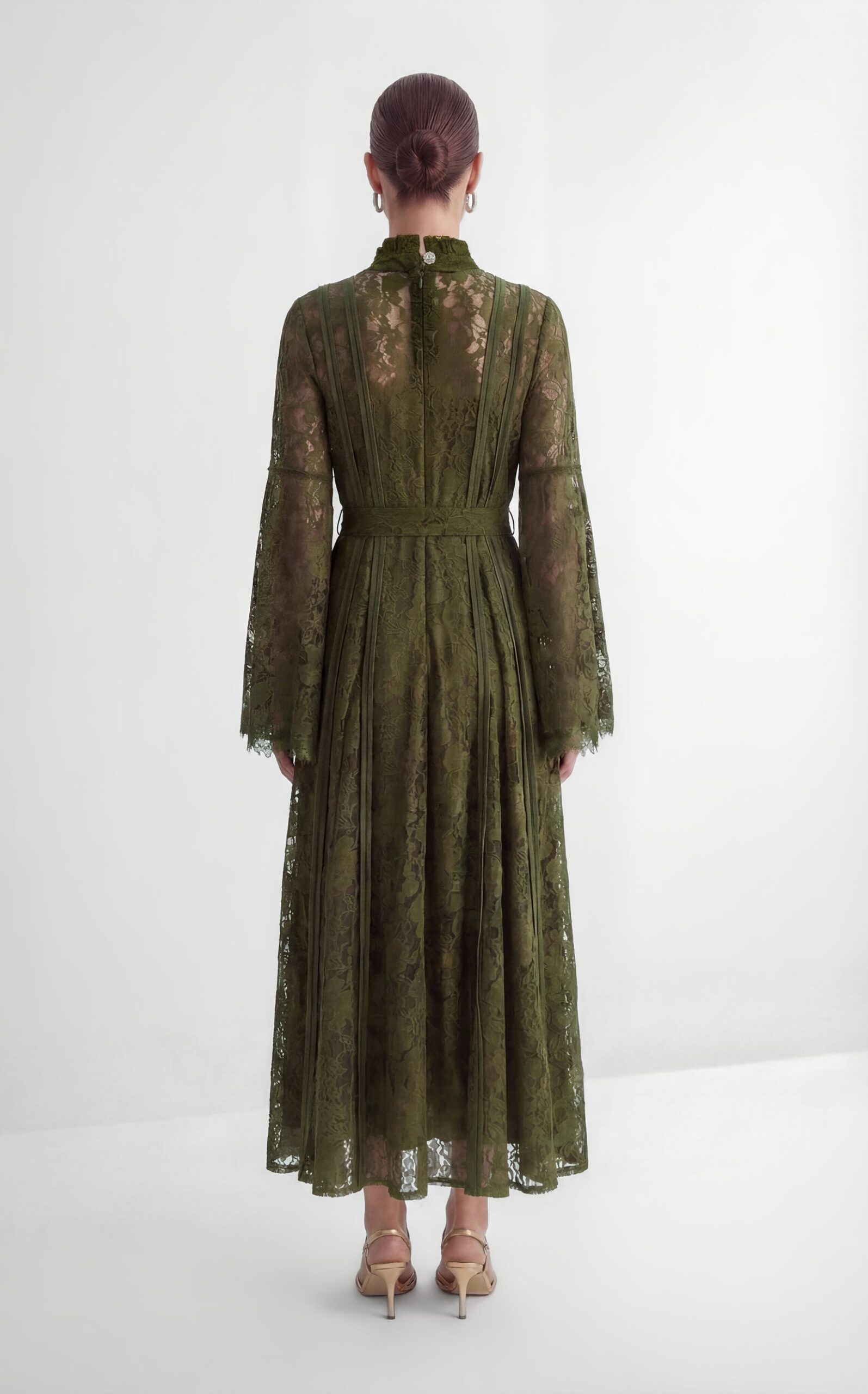31-2 OLIVE FLORAL LACE HIGH NECK BELL SLEEVE MAXI DRESS